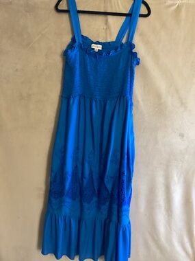 Knox Rose Blue Smocked Midi Sundress with Embroidered Hem